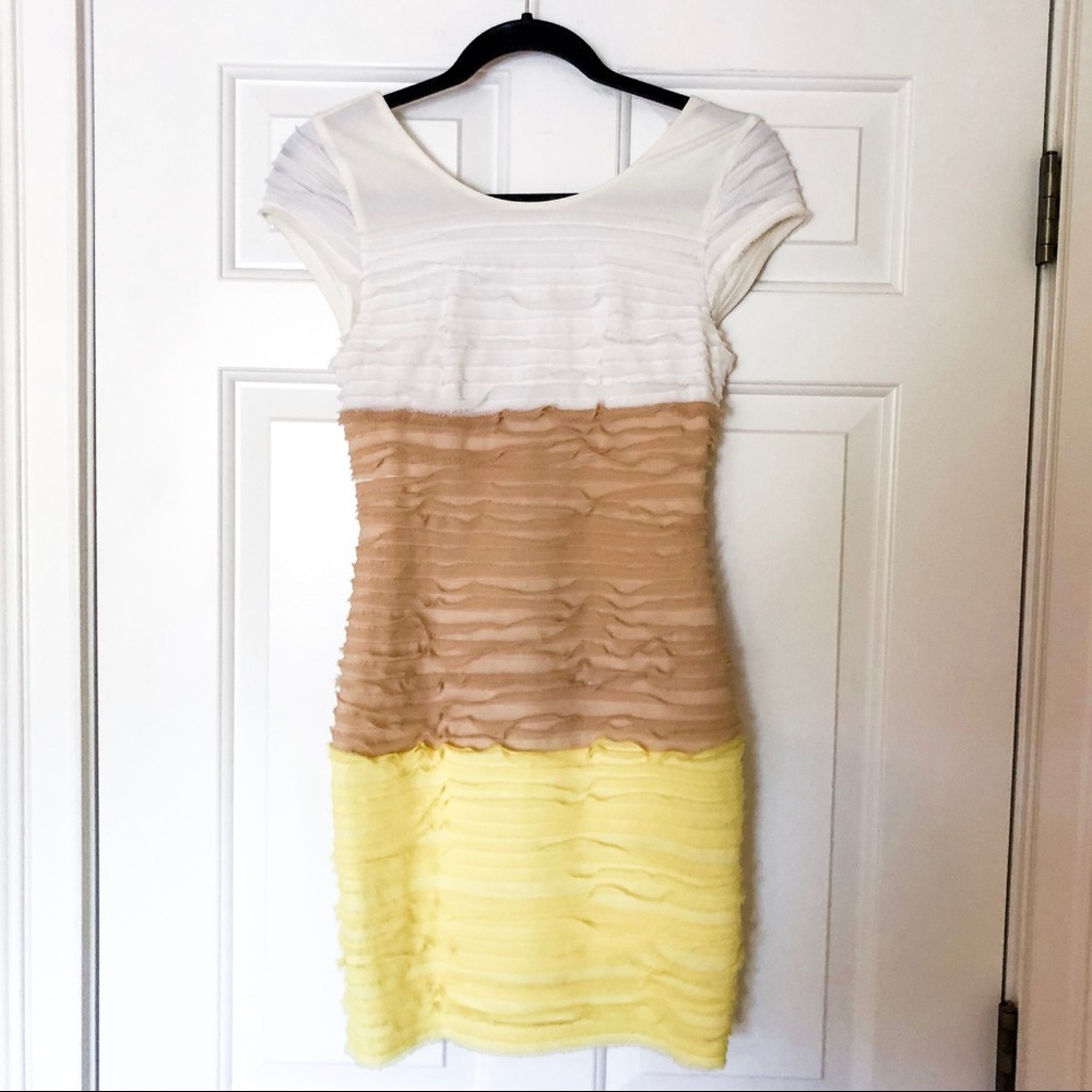 BEBE Tri- tone ruffle dress